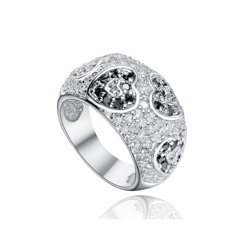 Sterling Silver Dome Ring w Paved Black White CZ